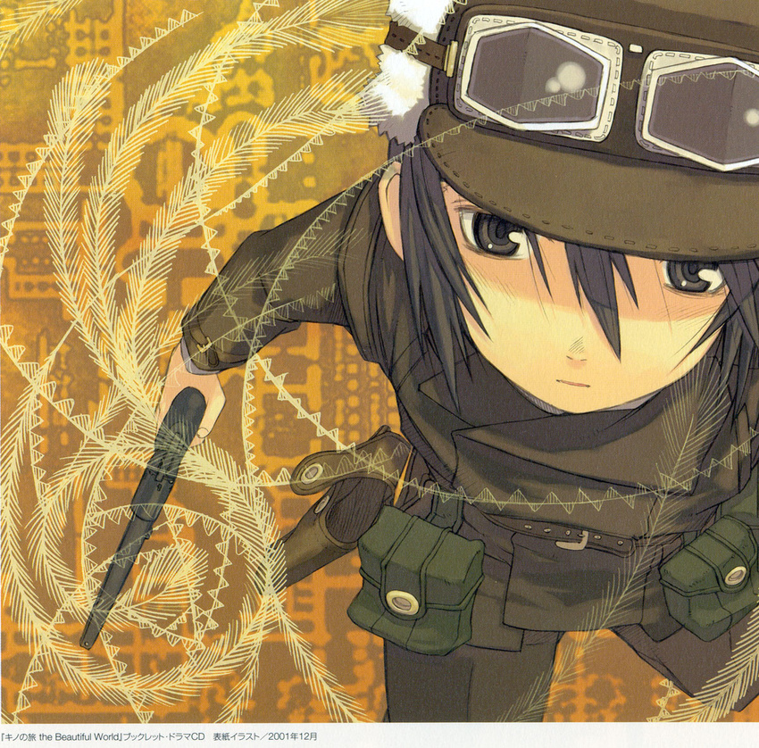 1girl androgynous artist_request goggles gun hat kino kino_no_tabi looking_at_viewer official_art pouch_bags revolver scan short_hair solo weapon