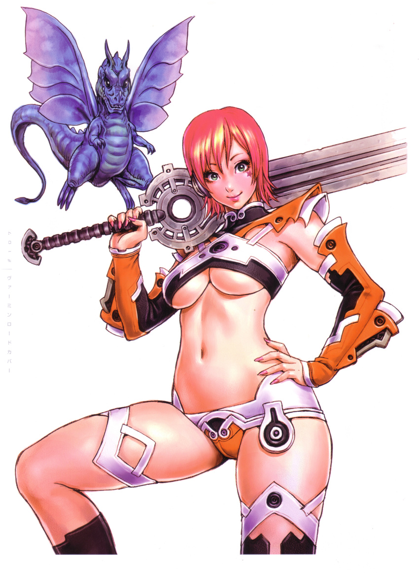 absurdres armor bikini_armor breasts detached_sleeves dragon green_eyes hand_on_hip highres large_breasts lowleg nail_polish pink_nails red_hair rudy_(yamashita_shunya) short_hair smile solo star sword tattoo thigh_strap underboob weapon wild_flower yamashita_shun'ya