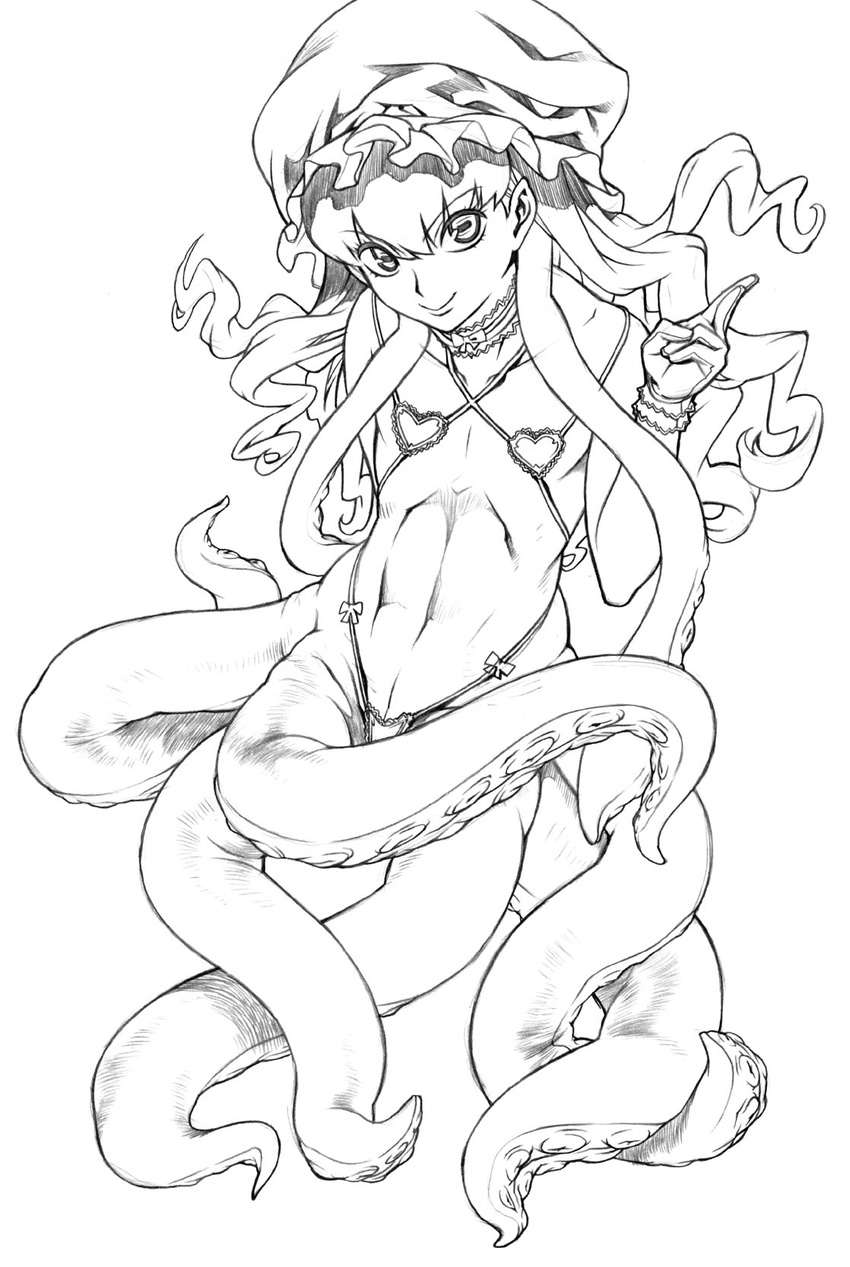 flat_chest highres kei_(bekei) kei_(pixiv14657) looking_at_viewer monochrome monster_girl tentacle tentacle_girl