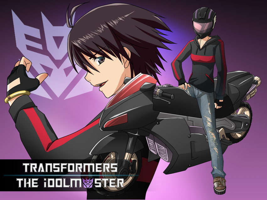 crossover decepticon denim helmet highres ichimedoo idolmaster jeans kikuchi_makoto motor_vehicle motorcycle pants torn_clothes torn_jeans transformers vehicle wallpaper