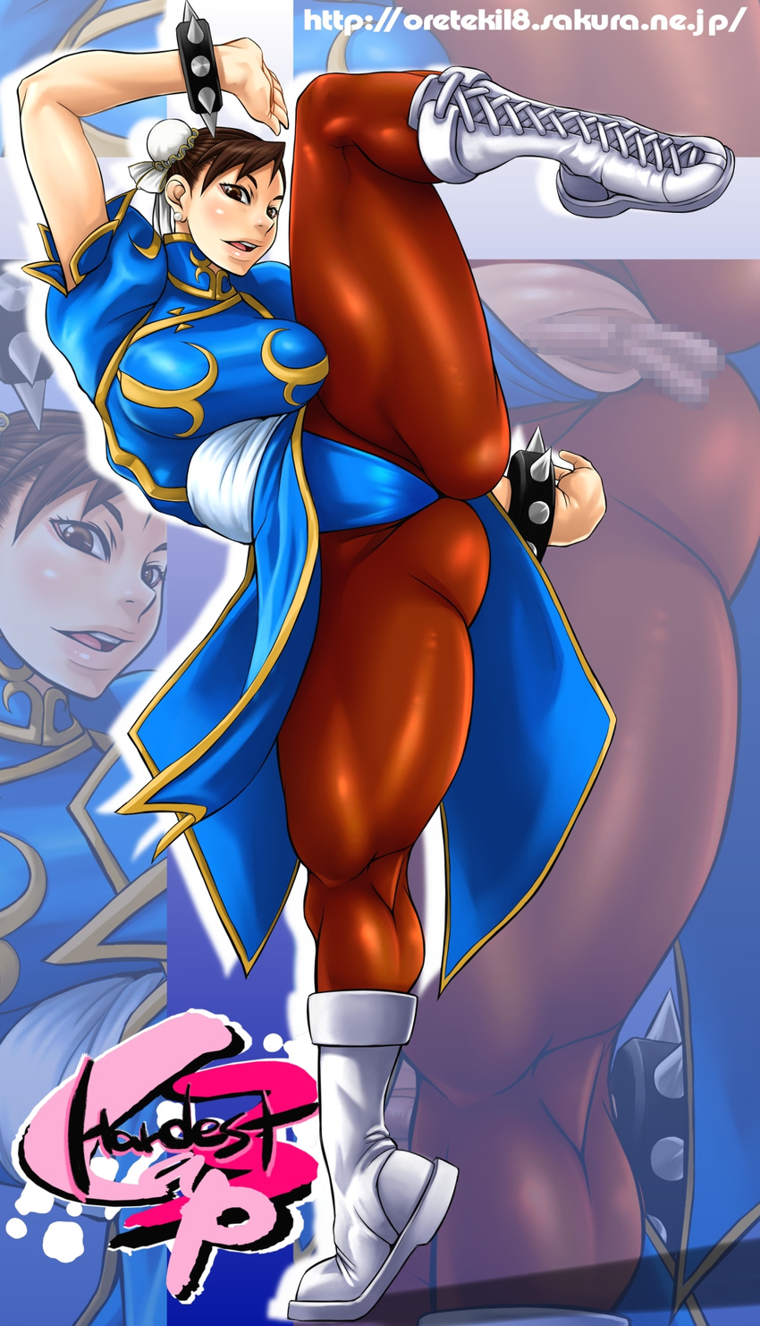 ass bracelet breasts brown_eyes brown_hair capcom censored china_dress chinese_clothes chun-li double_bun dress earrings female full_body highres huge_breasts jewelry oreteki18kin pantyhose solo spiked_bracelet spikes street_fighter
