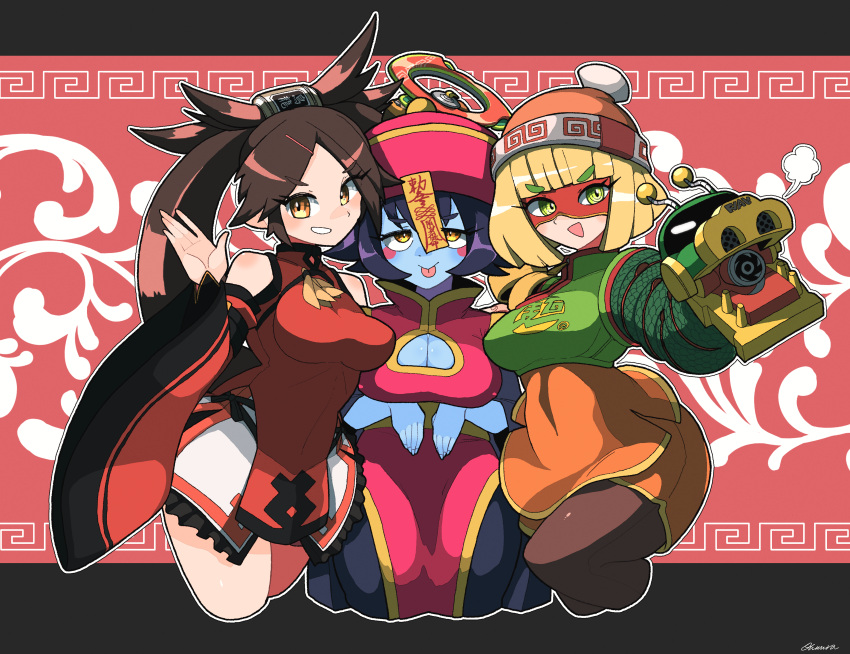 3girls :p absurdres arms_(game) beanie blonde_hair blue_skin bob_cut breasts brown_hair chinese_clothes cleavage cleavage_cutout clothing_cutout colored_skin cropped_legs detached_sleeves domino_mask dragon_(arms) dress green_eyes guilty_gear hat highres jiangshi kuradoberi_jam lei_lei long_hair mask min_min_(arms) multiple_girls ofuda omura_zojiki purple_hair short_dress short_hair talisman tongue tongue_out vampire_(game) yellow_eyes