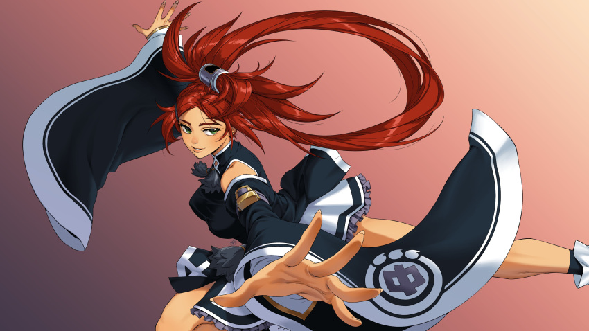 1girl absurdres alternate_color bangs bare_shoulders breasts china_dress chinese_clothes commentary dress fingernails frills gradient gradient_background green_eyes guilty_gear guilty_gear_xrd hair_ornament highres irene_koh kuradoberi_jam light_smile lips long_hair medium_breasts outstretched_arms parted_lips red_hair shiny shiny_hair short_dress simple_background skirt smile spread_arms very_long_hair wide_sleeves