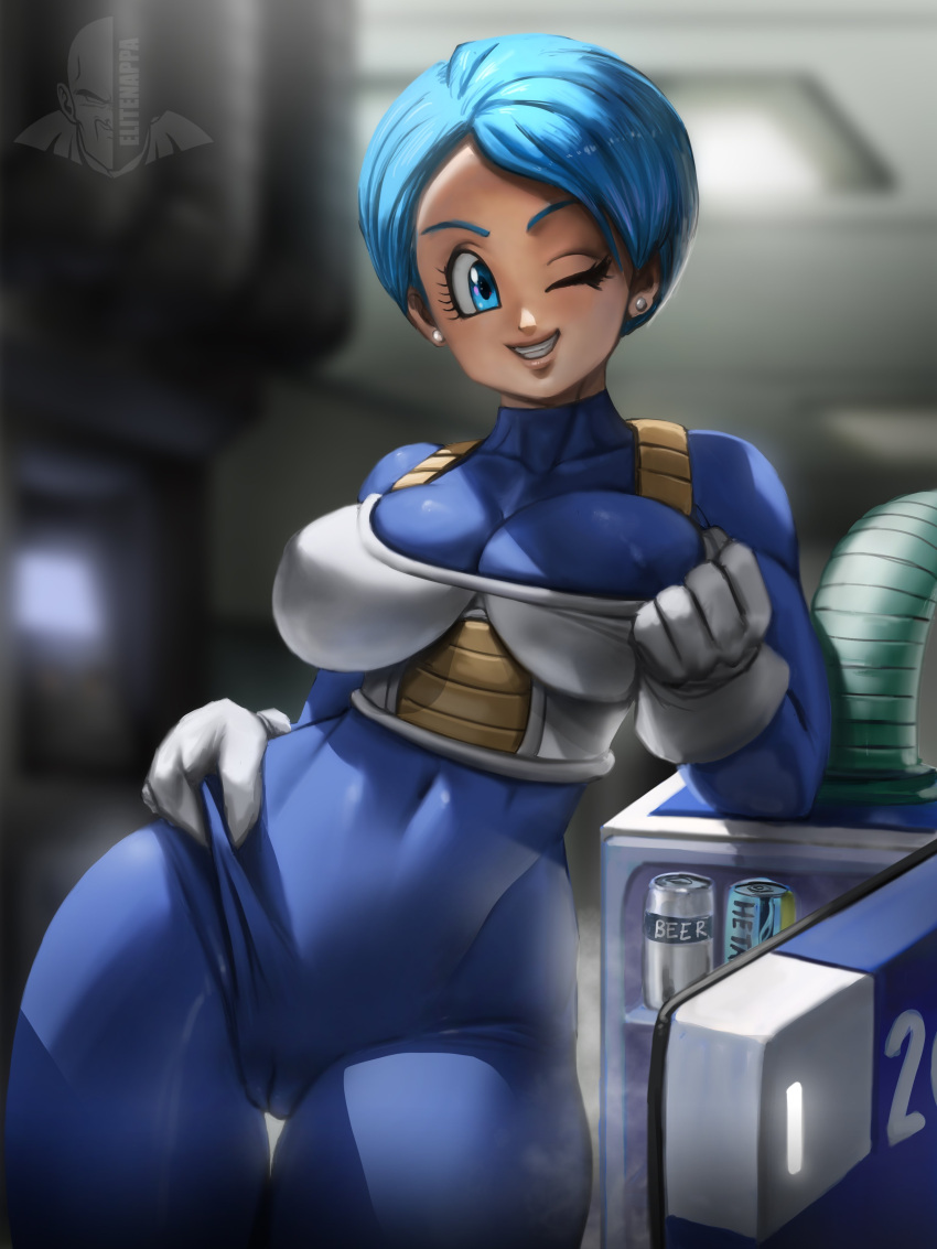 1girl absurdres alcohol armor beer blue_bodysuit blue_eyes blue_hair blurry blurry_background bodysuit bulma cameltoe covered_navel dragon_ball earrings elite_nappa freezer gloves grin highres jewelry laboratory one_eye_closed short_hair smile solo white_gloves