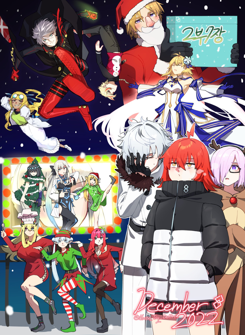 2022 5boys 6+girls absurdres ahoge alternate_costume animal_costume antlers archetype_earth arcueid_brunestud artoria_caster_(fate) artoria_pendragon_(fate) bangs bare_shoulders belt belt_buckle black-framed_eyewear black_belt black_bow black_coat black_dress black_footwear black_gloves black_hair black_pants black_shirt black_socks black_thighhighs blonde_hair blue_eyes blue_gloves blue_hair boots bow box braid breasts breath britomart_(fate) buckle christmas christmas_tree_costume closed_eyes coat commentary crossed_bangs dark-skinned_female dark_skin daybit_sem_void december detached_sleeves diamond_hairband double_bun dress english_commentary english_text eyewear_on_head fairy_knight_gawain_(fate) fairy_knight_tristan_(fate) fake_antlers fake_beard fake_facial_hair fake_nose fate/grand_order fate/strange_fake fate_(series) flower fujimaru_ritsuka_(female) fur-trimmed_headwear fur-trimmed_jacket fur-trimmed_sleeves fur_trim gift gift_box glasses gloves green_dress green_eyes green_footwear green_shirt hair_between_eyes hair_bow hair_bun hair_flower hair_intakes hair_ornament hair_over_one_eye hairband hand_in_pocket hand_on_own_face hat heterochromia highres holding holding_gift hood hood_down house_tag_denim jacket kadoc_zemlupus karna_(fate) karna_(santa)_(fate) large_breasts light_purple_hair long_hair long_sleeves mash_kyrielight medium_breasts morgan_le_fay_(fate) multicolored_hair multiple_boys multiple_girls oberon_(fate) oberon_(third_ascension)_(fate) off-shoulder_dress off_shoulder one_eye_closed one_eye_covered open_clothes open_jacket orange_hair pale_skin pants pantyhose pocket pointy_ears ponytail purple_eyes purple_hair red_dress red_footwear red_gloves red_hair red_headwear red_shirt reindeer_antlers reindeer_costume richard_i_(fate) santa_costume santa_hat sharp_teeth shirt shoes short_hair skirt sleeves_past_fingers sleeves_past_wrists snow snowing snowman_print socks streaked_hair striped striped_pantyhose sweat teeth thighhighs tsukihime tsukihime_(remake) twintails twitter_username two-tone_coat two-tone_dress two-tone_hair two-tone_shirt very_long_hair vritra_(fate) white_coat white_dress white_headwear white_jacket white_skirt wide_sleeves winter_clothes winter_coat yellow_eyes