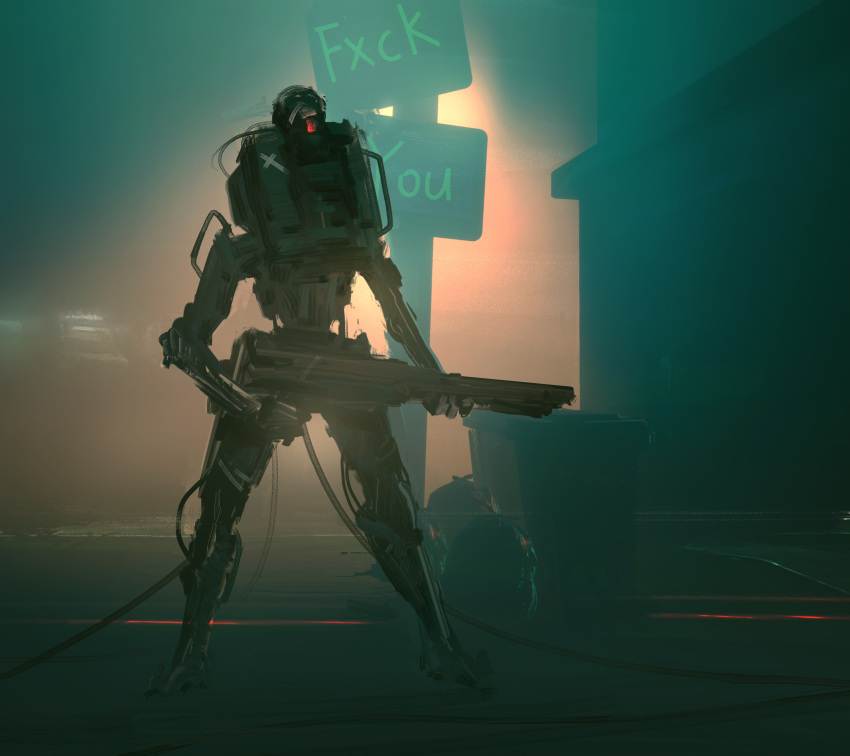 absurdres assault_rifle beam_rifle board cable cyberpunk energy_gun english_text engrish_text fog glowing glowing_eye graffiti gun highres insult light machinery mecha no_humans one-eyed original profanity ranguage realistic red_eyes rifle road_sign robot sign soldier vandalized weapon zhangluye