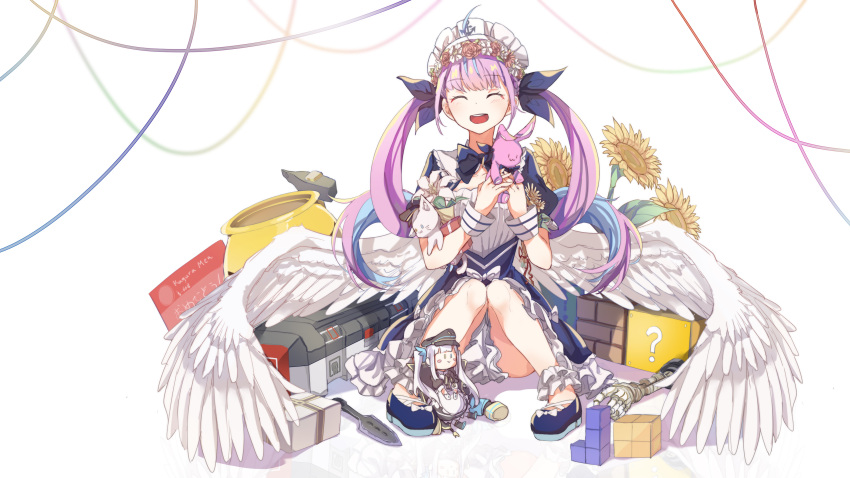 1girl :d ?_block ^_^ absurdres ahoge anchor anchor_symbol apex_legends bangs black_headwear blue_dress blue_footwear blue_hair blue_ribbon box cauldron character_doll closed_eyes commentary_request dress facing_viewer feathered_wings flower frilled_dress frills getting_over_it gift gift_box golden_cauldron hair_flower hair_ornament hair_ribbon hammer hat highres holding holding_stuffed_toy hololive kagura_gumi kagura_mea knees_together_feet_apart knees_up long_hair low_wings maid_headdress mario_(series) minato_aqua multicolored_hair no_socks peaked_cap pink_flower pink_hair pink_rose puffy_short_sleeves puffy_sleeves reflection ribbon rose shoes short_sleeves simple_background sitting sledgehammer smile streaked_hair stuffed_animal stuffed_bunny stuffed_cat stuffed_toy sunflower super_mario_bros._1 tetris twintails two-tone_hair very_long_hair virtual_youtuber white_background white_flower white_wings wings xuu_shi_times yellow_flower