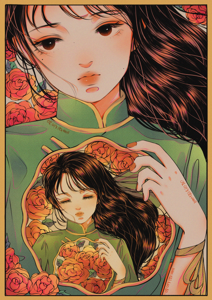 1girl absurdres black_hair china_dress chinese_clothes closed_eyes closed_mouth dress floating_hair flower highres looking_at_viewer mole mole_under_eye multiple_views original red_flower red_rose rose solo upper_body weibo_1739198577