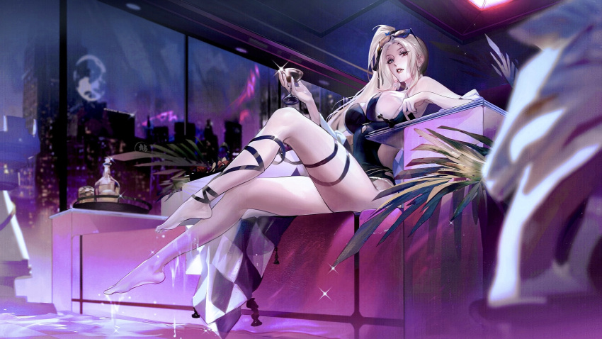 1girl absurdres bangs barefoot black_one-piece_swimsuit blonde_hair blurry bottle breasts building ceiling ceiling_light character_request couch cup depth_of_field drinking_glass eyewear_on_head full_body glass hand_up highres holding holding_cup indoors knee_up large_breasts long_hair looking_at_viewer night on_couch one-piece_swimsuit outstretched_arm palm_leaf parted_lips path_to_nowhere plantar_flexion pool side_ponytail sideboob sitting skyscraper solo sparkle sunglasses swimsuit thigh_strap tray water wet window yud79317724