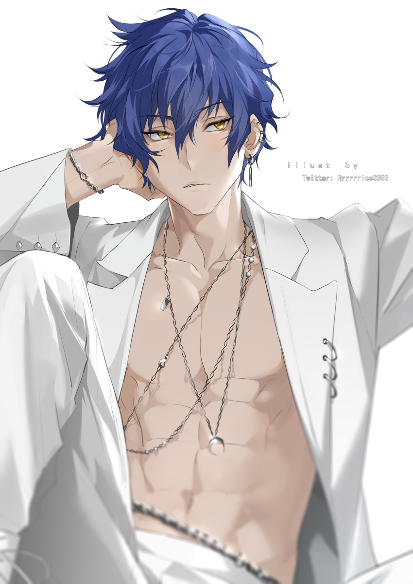 1boy abs blue_hair blurry bracelet chain_necklace ear_piercing earrings ensemble_stars! feet_out_of_frame hair_between_eyes hand_on_own_head highres jacket jewelry knee_up looking_at_viewer male_focus necklace no_shirt open_clothes open_jacket pants parted_lips piercing rrr_(reason) sazanami_jun short_hair simple_background solo toned toned_male twitter_username upper_body white_background white_jacket white_pants yellow_eyes