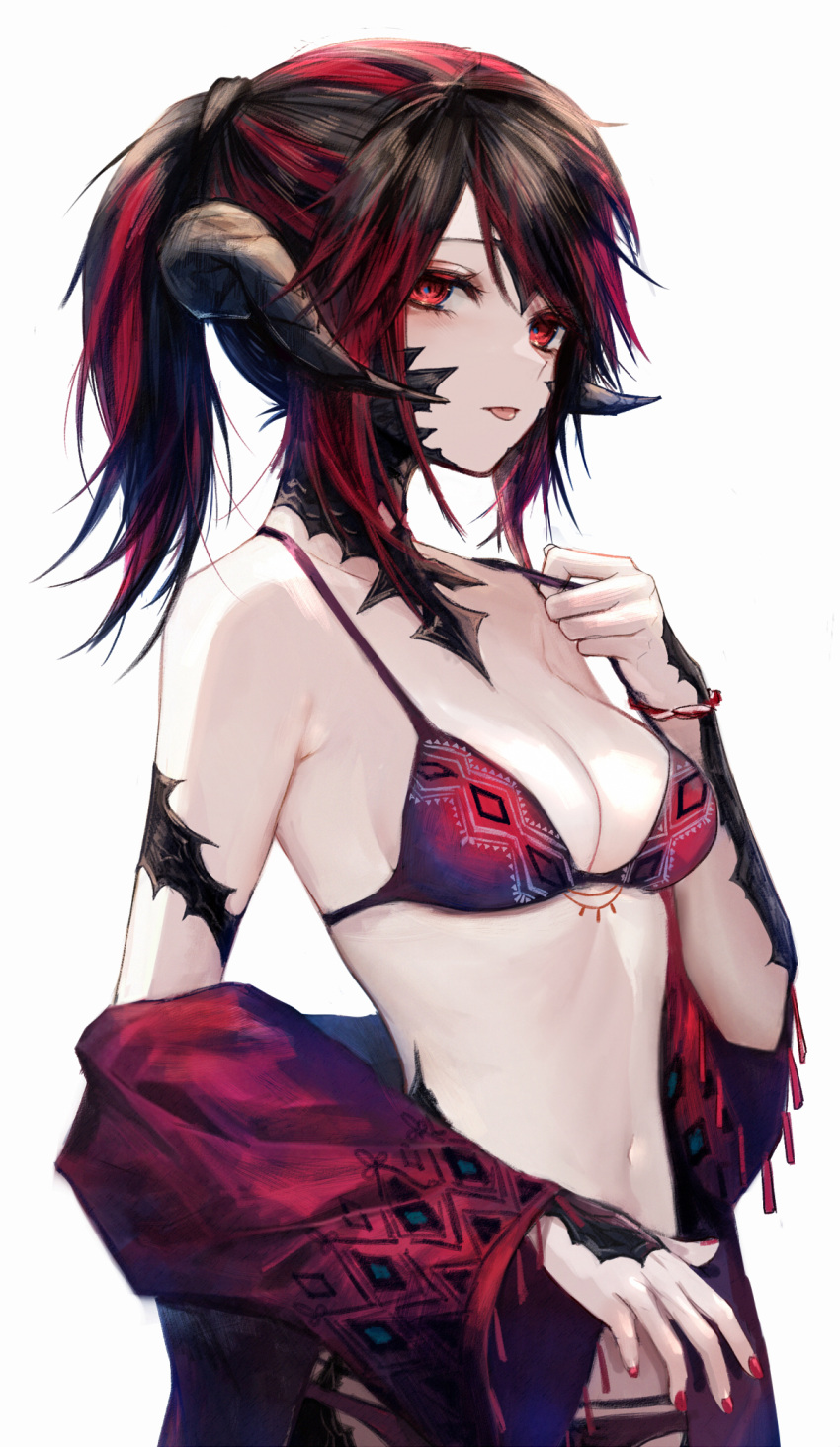 1girl armpit_crease au_ra bangs bra bracelet breasts cleavage dragon_girl dragon_horns final_fantasy final_fantasy_xiv hand_up highres horns jewelry looking_at_viewer maho_moco medium_breasts medium_hair multicolored_hair navel panties parted_bangs ponytail red_bra red_eyes red_nails red_panties scales solo streaked_hair tongue tongue_out underwear white_background