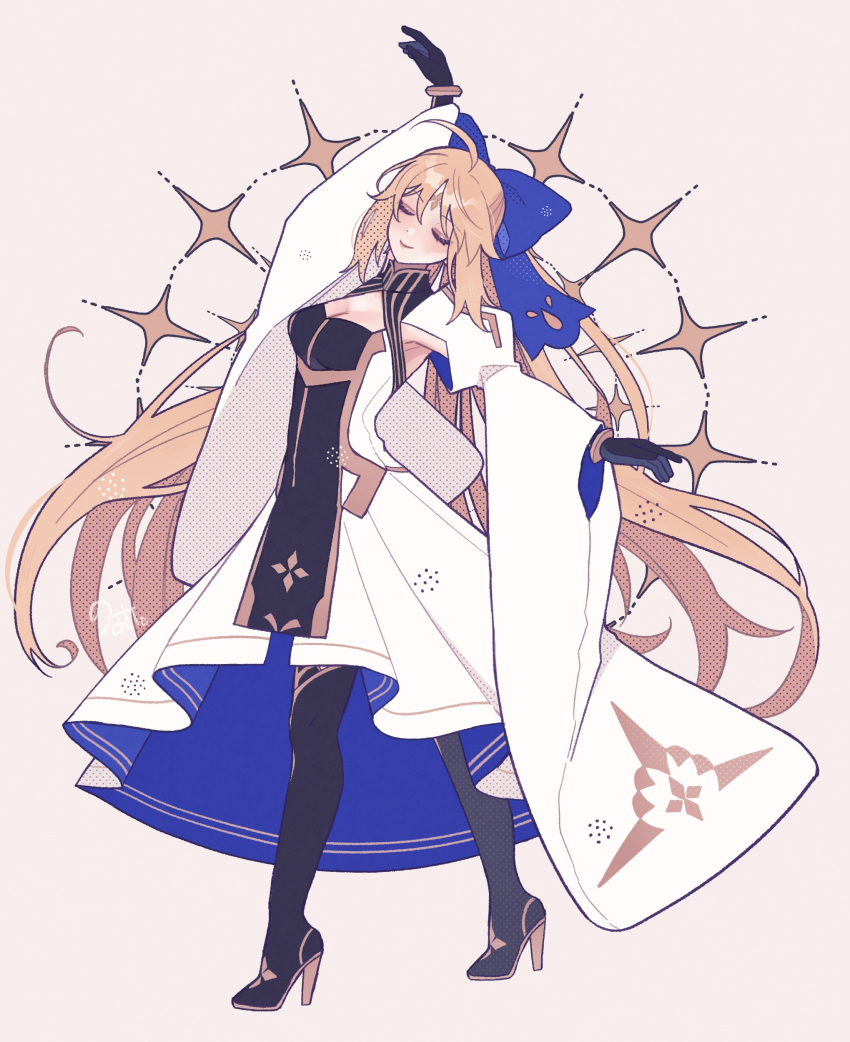 1girl absurdres ahoge arm_up armpit_cutout armpits artoria_caster_(fate) artoria_pendragon_(fate) bangs black_footwear black_gloves blonde_hair blue_bow boots bow breasts cleavage cleavage_cutout closed_eyes closed_mouth clothing_cutout commentary_request dress facial_mark facing_viewer fate/grand_order fate_(series) forehead_mark full_body gloves gold_trim hair_bow high_heel_boots high_heels highres long_hair long_sleeves medium_breasts noa_pisces pink_background puffy_sleeves signature simple_background smile solo star_(symbol) very_long_hair white_dress wide_sleeves