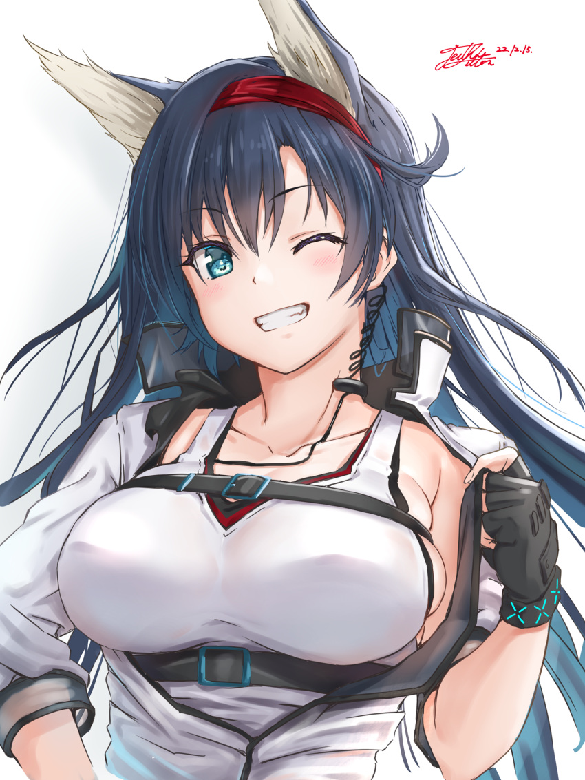 1girl animal_ears arknights bangs black_gloves black_hair blaze_(arknights) blue_eyes blush breasts cat_ears collarbone commentary_request fingerless_gloves gloves grin hairband head_tilt highres infection_monitor_(arknights) jacket large_breasts long_hair looking_at_viewer one_eye_closed red_hairband skindentation smile solo tank_top upper_body very_long_hair white_background white_jacket white_tank_top yukinoshiro