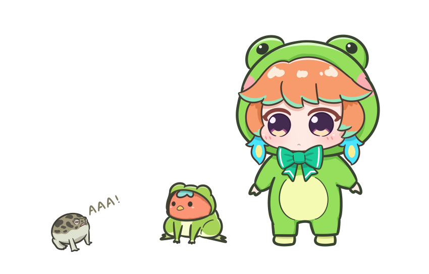 1girl absurdres animal_costume bird bow chibi chicken commentary desert_rain_frog earrings feather_earrings feathers frog frog_costume frogiwawa green_bow highres hololive hololive_english jewelry kotori_(takanashi_kiara) mpien multicolored_hair orange_hair simple_background takanashi_kiara virtual_youtuber white_background