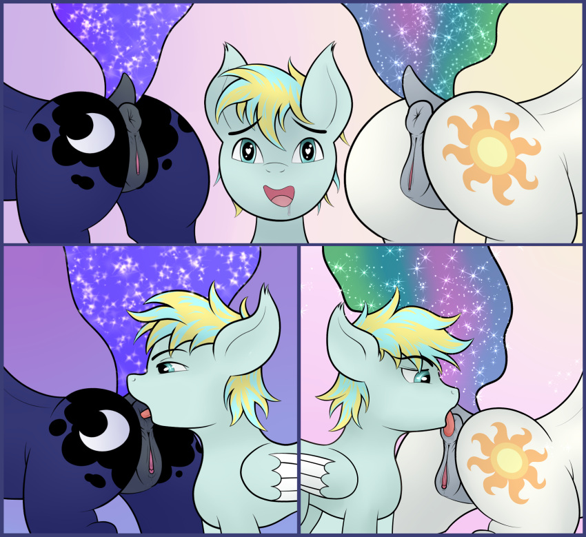 anal anthro between_butts blonde_hair blue_hair canid canine canis cutie_mark deep_rimming equid equine fan_character female feral friendship_is_magic genitals green_eyes hair happy hasbro hi_res horse male mammal multicolored_hair my_little_pony oral pegasus princess_celestia_(mlp) princess_luna_(mlp) pussy rimming sex skbld two_tone_hair wings wolf