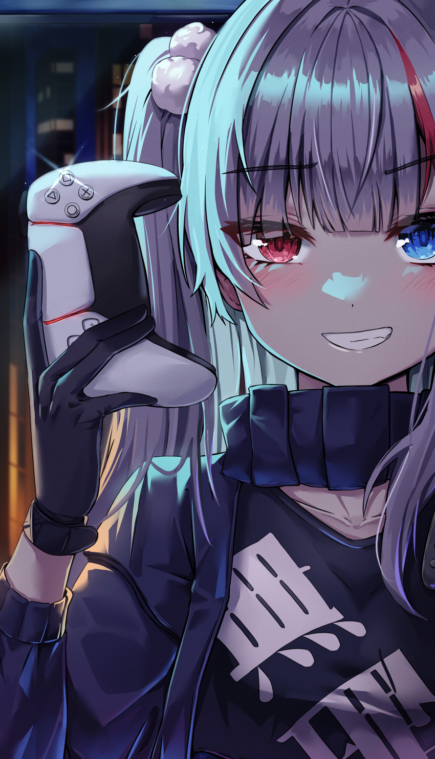 1girl absurdres black_gloves blue_eyes blush commentary controller english_commentary game_controller girls'_frontline girls'_frontline_neural_cloud gloves grey_hair grin hair_bobbles hair_ornament heterochromia highres holding holding_controller holding_game_controller jacket kuro_(girls'_frontline_nc) looking_at_viewer mdr_(girls'_frontline) multicolored_hair nalua_h one_side_up pink_hair red_eyes smile solo upper_body