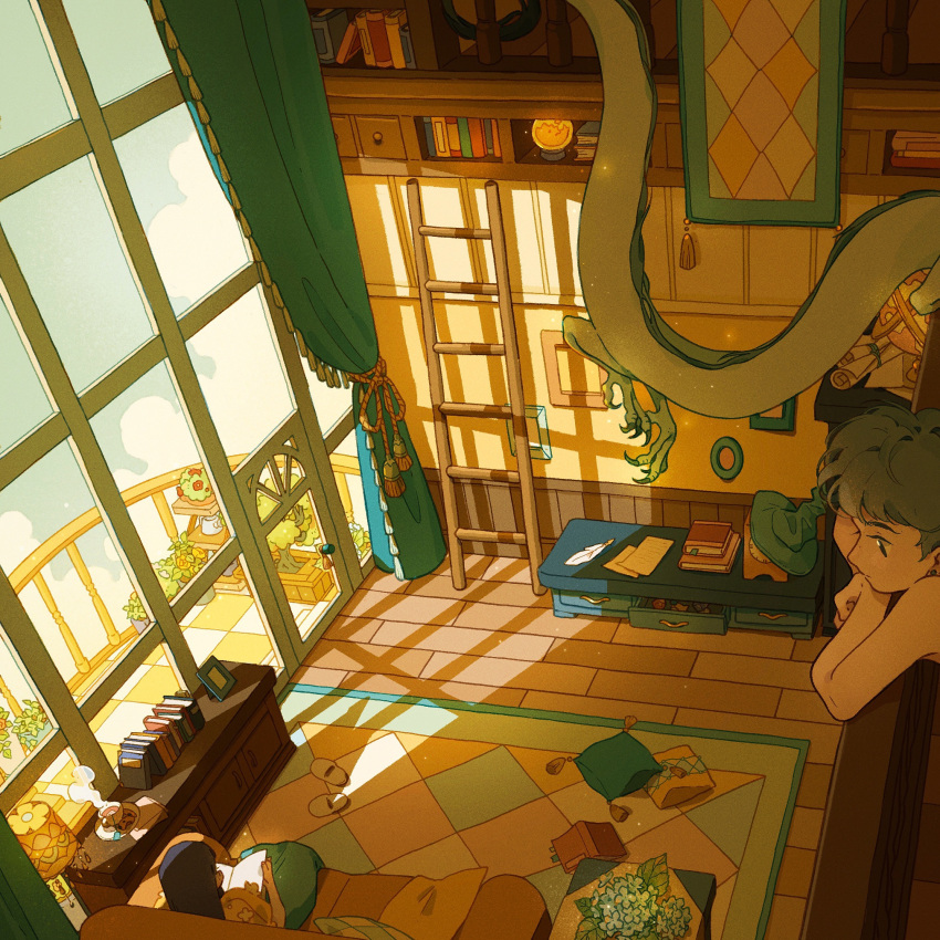 1boy 1girl balcony bangs blue_flower blue_skirt book book_stack bookmark bookshelf carpet checkered_floor couch curtains cushion day desk door dragon dragon_boy drawer eastern_dragon flower globe green_hair hat highres indoors jidu_que_mi_de_xiao_caocao ladder lamp leaning_forward leaning_on_rail long_hair looking_at_another looking_away looking_down monster_boy on_couch open_book orb original picture_frame plant potted_plant railing reading running_bond scroll short_hair skirt slippers taur tree window window_shade witch_hat wooden_floor