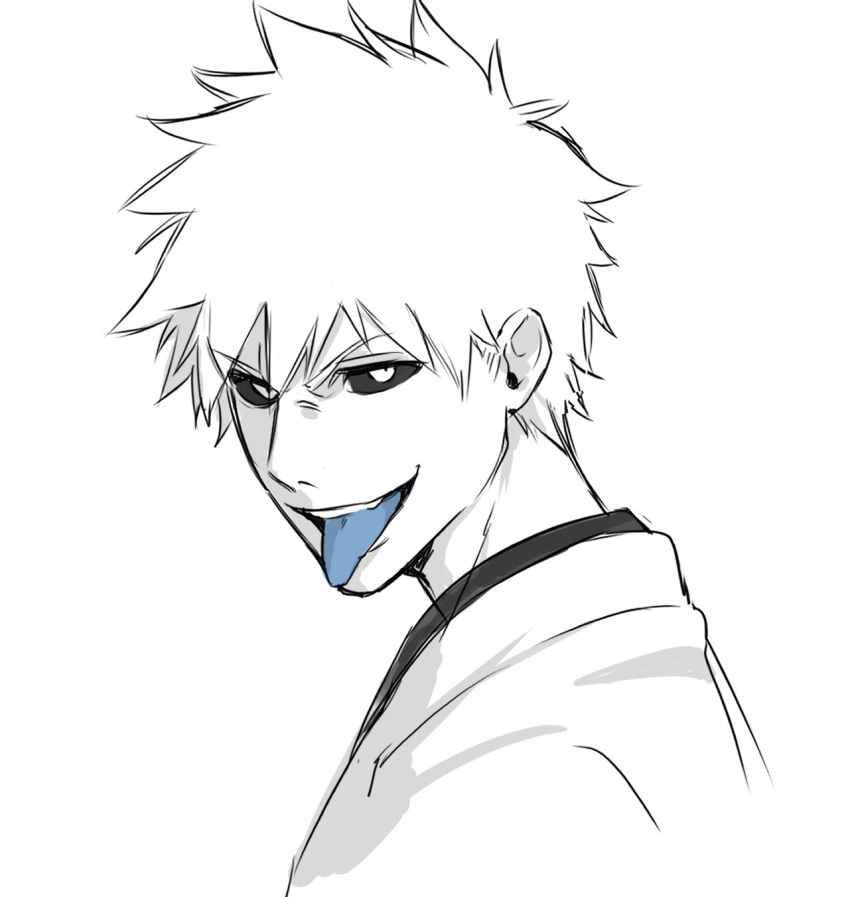 1boy :p black_sclera bleach blue_tongue colored_sclera colored_skin colored_tongue grey_hair grey_skin highres hollow_ichigo konetaa looking_at_viewer male_focus open_mouth portrait spiked_hair teeth tongue tongue_out upper_teeth