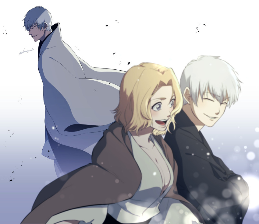 1girl 2boys aged_down bleach blonde_hair breasts cleavage cloak grey_eyes grey_hair highres ichimaru_gin kanoya_akr large_breasts lips long_sleeves matsumoto_rangiku multiple_boys parted_lips short_hair standing time_paradox upper_body white_hair