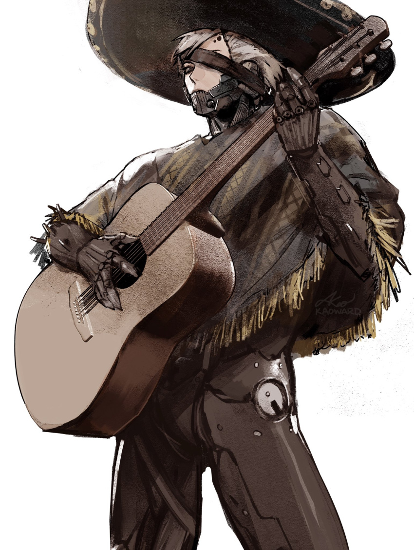 1boy black_headwear cyborg eyepatch guitar hat highres holding holding_instrument instrument looking_at_viewer male_focus metal_gear_(series) metal_gear_rising:_revengeance one_eye_covered poncho raiden_(metal_gear) short_hair simple_background solo sombrero uglykao white_background white_hair
