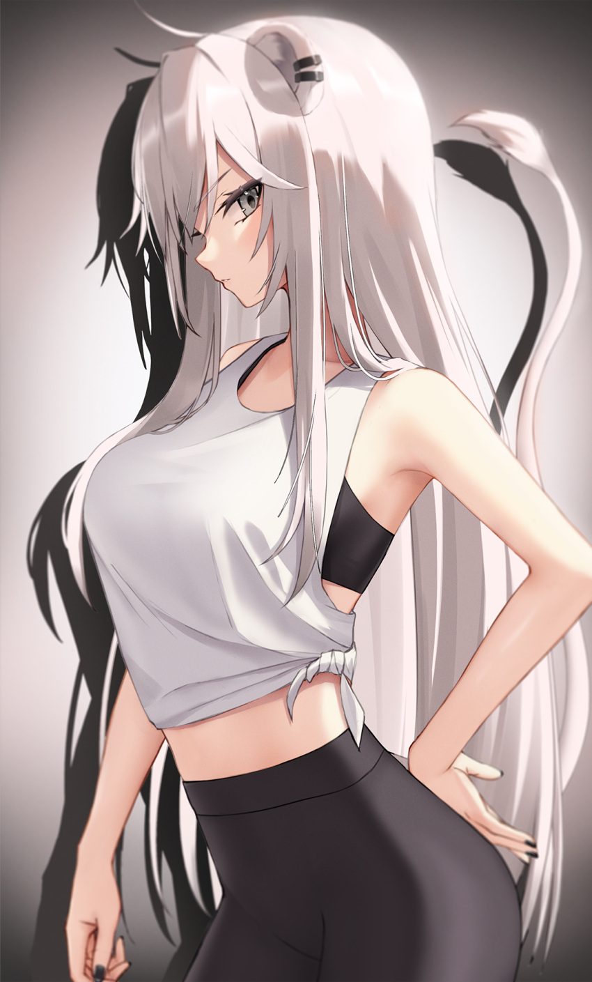 1girl alternate_costume animal_ears arched_back black_pants breasts collarbone grey_eyes hand_on_own_ass highres hololive large_breasts leggings lion_ears lion_girl lion_tail long_hair looking_at_viewer navel pants shirt shishiro_botan simple_background solo sports_bra sportswear standing tail tank_top thomas_8000 tied_shirt very_long_hair virtual_youtuber white_hair white_shirt white_tank_top yoga_pants