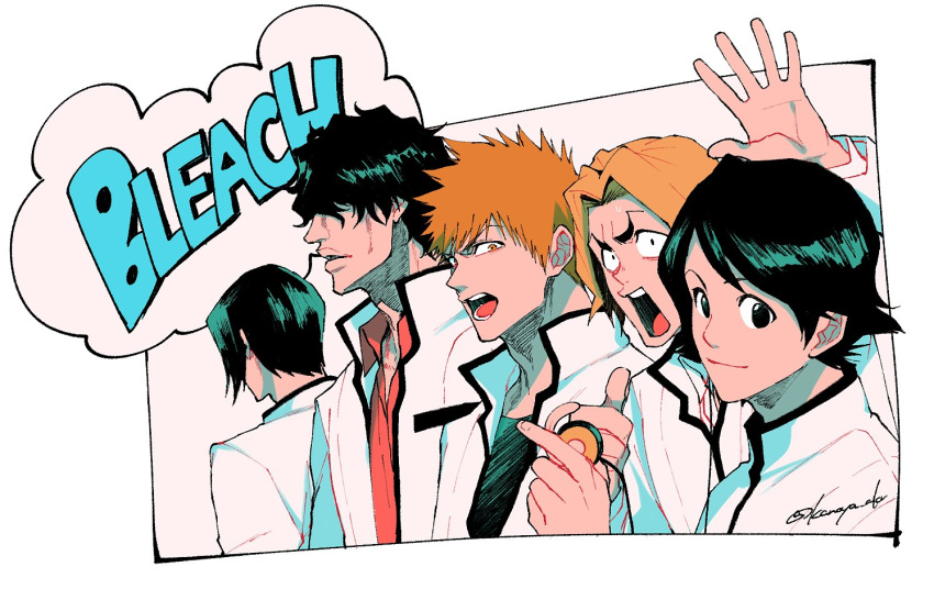 5boys asano_keigo black_hair bleach brown_eyes brown_hair collared_shirt copyright_name green_shirt hair_over_eyes holding ishida_uryuu kanoya_akr kojima_mizuiro lips looking_at_viewer male_focus multiple_boys open_mouth parted_lips red_shirt sado_yasutora school_uniform shirt teeth upper_teeth