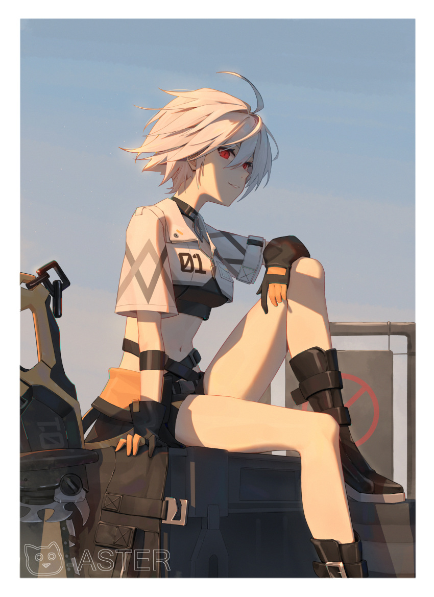 1girl absurdres ahoge arm_support artist_logo artist_name bangs belt black_belt black_collar black_survival blue_sky boots border box breasts chainsaw cleavage collar crop_top crossed_belts eternal_return:_black_survival gloves hair_between_eyes hand_on_own_leg highres jackie_quilt looking_at_viewer meo_(1271884559) midriff multiple_belts navel no_scar no_tattoo official_alternate_costume parted_lips red_eyes shadow short_hair short_shorts shorts sign sitting sitting_on_box sky smile solo teeth two-tone_footwear two-tone_gloves white_border white_hair zipper_pull_tab