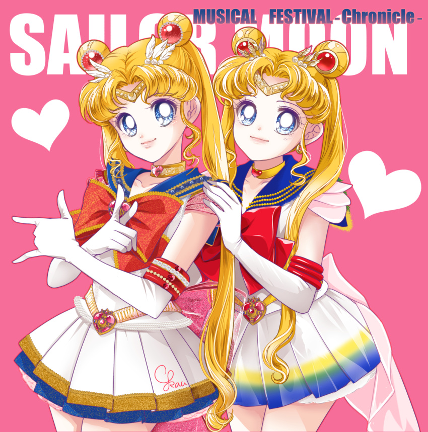 2girls back_bow bangs belt bishoujo_senshi_sailor_moon blonde_hair blue_eyes blue_sailor_collar blue_skirt bow bowtie brooch choker circlet crescent crescent_earrings double_bun earrings elbow_gloves eternal_sailor_moon feathers gloves gold_earrings hair_bun heart heart_choker highres jewelry lips long_hair miniskirt multiple_girls parted_bangs pleated_skirt pointing pointing_at_viewer red_bow red_bowtie red_choker sailor_collar sailor_moon sarashina_kau shirt short_sleeves skirt super_sailor_moon tsukino_usagi very_long_hair white_gloves white_shirt