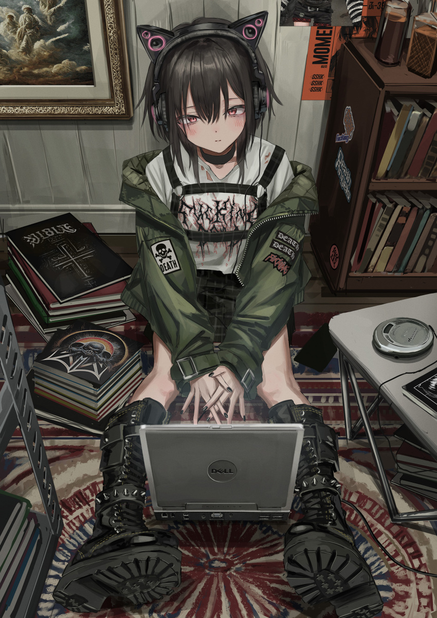 1girl absurdres animal_ear_headphones animal_ears bangs black_footwear black_hair black_nails black_shirt book bookshelf cat_ear_headphones cd_player choker coffee_table computer fake_animal_ears green_jacket hair_between_eyes headphones highres jacket laptop looking_at_viewer nadegata nail_polish off_shoulder original pink_eyes rug shirt sidelocks sitting speaker table white_shirt