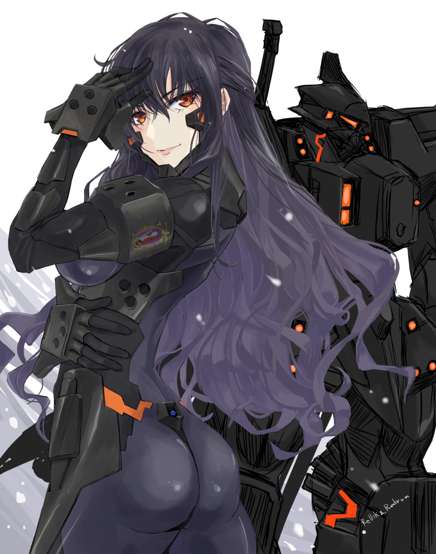 1girl artist_name ass assault_visor beatrix_bremer black_bodysuit black_gloves black_hair bodysuit brown_eyes fortified_suit gloves hair_behind_ear hand_on_hip hand_on_own_head highres jun_(rellik_&amp;_redrum) long_hair looking_ahead looking_back mig-23_cheburaskha_(muvluv) muvluv muvluv_alternative pink_lips schwarzesmarken skin_tight smile tactical_surface_fighter very_long_hair