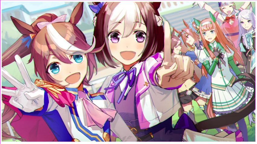6+girls animal_ears arms_up ascot back_bow bangs black_coat black_footwear black_shorts blouse blue_shirt blunt_bangs bob_cut boots bow brown_hair capelet coat collared_shirt commentary_request cropped_jacket daiwa_scarlet_(umamusume) day dress dutch_angle ear_covers ear_ribbon epaulettes frown gloves gold_ship_(umamusume) green_eyes grey_hair grimace hachimaki hair_bow hair_intakes headband highres horse_ears horse_girl horse_tail index_finger_raised jacket long_hair long_sleeves looking_at_viewer mejiro_mcqueen_(umamusume) midriff miniskirt multicolored_hair multiple_girls navel neck_ribbon open_mouth orange_hair outdoors partial_commentary pink_ascot pink_bow pleated_skirt ponytail purple_eyes purple_ribbon red_bow red_capelet red_dress ribbon shirt short_hair short_shorts shorts silence_suzuka_(umamusume) single_epaulette skirt smile special_week_(umamusume) streaked_hair swept_bangs tail thigh_boots tiara tokai_teio_(umamusume) umamusume umeumeduka vodka_(umamusume) w white_gloves white_hair white_headband white_jacket white_shirt white_skirt