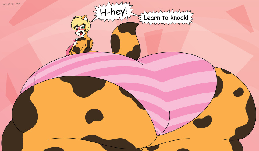 &copy; 2022 anthro big_butt blush butt calico_cat clothing digital_media_(artwork) domestic_cat english_text felid feline felis female fur green_eyes haleigh_(satsumalord) hi_res huge_butt huge_thighs hyper hyper_butt hyper_thighs mammal mottled mottled_body open_mouth overweight overweight_anthro overweight_female panties piebald piebald_body satsumalord solo speech_bubble spots spotted_body spotted_fur symbol text thick_thighs underwear