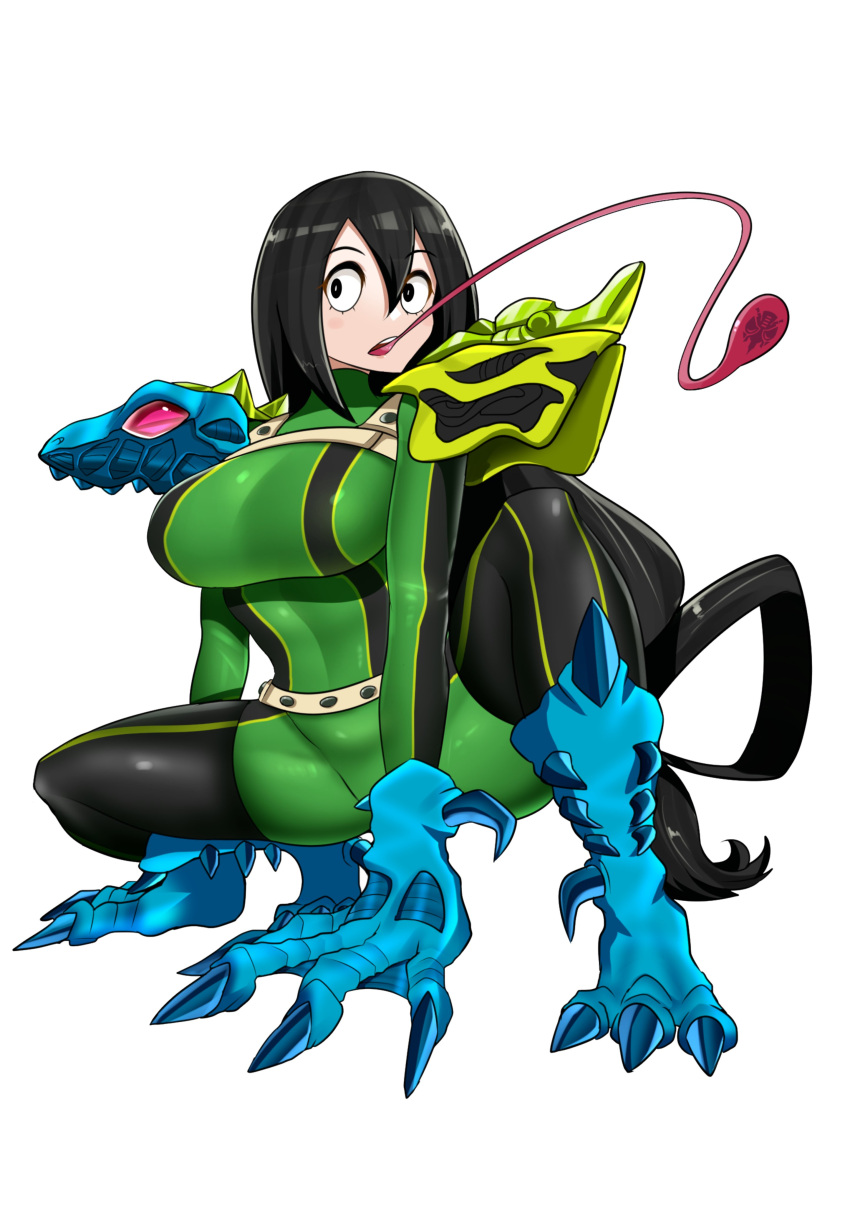 1girl absurdres adapted_costume all_fours altronage armor asui_tsuyu beast_wars beast_wars:_transformers black_eyes black_footwear black_hair blue_gloves bodysuit boku_no_hero_academia boots commission frog_girl gloves green_bodysuit highres long_hair long_tongue low_ponytail pauldrons poison_dart_frog ponytail predacon shoulder_armor shoulder_pads spittor squatting stamp_mark thigh_boots tongue tongue_out transformers very_long_hair