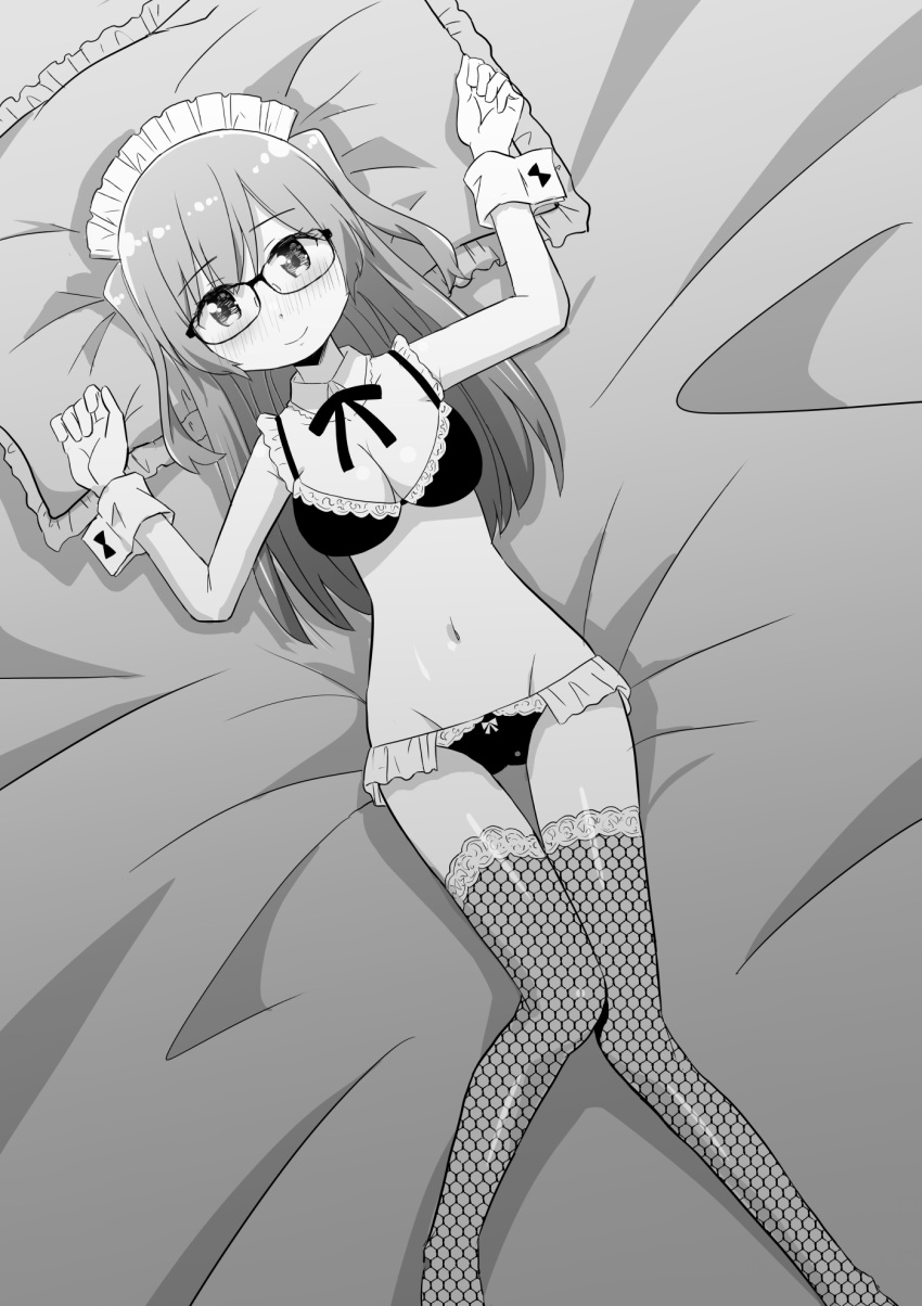 1girl arms_up bangs bed_sheet bikini blush bow bow_panties bra breasts closed_mouth detached_collar fishnet_thighhighs fishnets frilled_bra frilled_panties frilled_pillow frills from_above greyscale groin highres long_hair looking_at_viewer lying maid_bikini maid_headdress medium_breasts monochrome navel neck_ribbon on_back on_bed original panties pillow ribbon solo swimsuit takeuchi_motoki thigh_gap thighhighs two_side_up underwear underwear_only wrist_cuffs