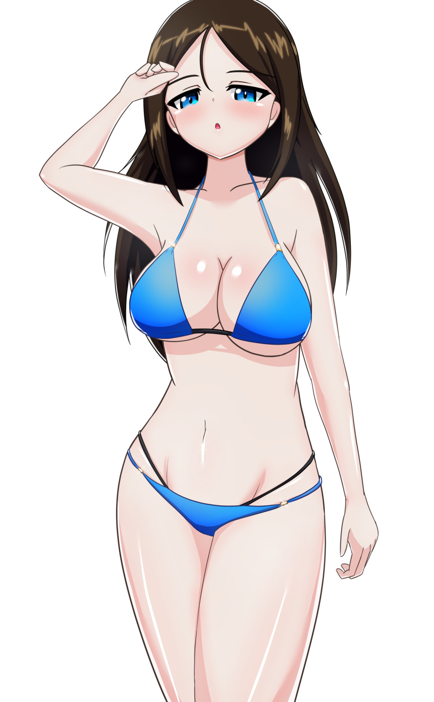 1girl bangs bikini black_hair blue_bikini blue_eyes blush breasts cleavage commentary_request cowboy_shot earlobe1514366 girls_und_panzer girls_und_panzer_gekijouban groin half-closed_eyes halterneck hand_on_own_head highres large_breasts long_hair looking_at_viewer multi-strapped_bikini navel nonna_(girls_und_panzer) official_alternate_costume parted_lips partial_commentary simple_background solo standing string_bikini swept_bangs swimsuit white_background