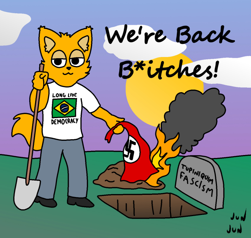 2022 antifa brazil brazilian brazilian_flag canid canine cemetery clothed clothing election elections english_text fascism fire fox fur gradient_background hi_res hole_(pit) jun_jun jun_jun_(character) lycalopex male male/male mammal nature nature_background nazi nazi_flag orange_body orange_fur pampas_fox politics shirt simple_background smile smoke solo sunrise swastika text toony topwear white_clothing white_shirt white_topwear