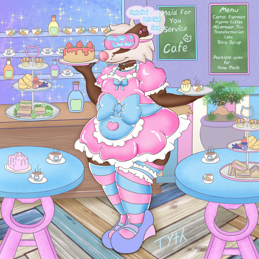 1:1 2021 absurd_res ambiguous_gender anthro apron badger beverage blue_clothing bodily_fluids bow_ribbon brainwashing brown_body brown_fur cafe cake clothed clothing container crossdressing cup dessert detailed_background digital_drawing_(artwork) digital_media_(artwork) dress drooling food fruit fur girly glistening hi_res hypnosis hypnotic_visor legwear maid_cafe maid_uniform mammal menu mind_control muffin multicolored_body multicolored_fur mustelid musteline pattern_clothing pattern_legwear pink_clothing pink_nose plant platter rubber saliva sandwich_(food) slightly_chubby smile solo stockings strawberry striped_clothing striped_legwear stripes tea tea_cup two_tone_body two_tone_fur tyththorne uniform white_clothing