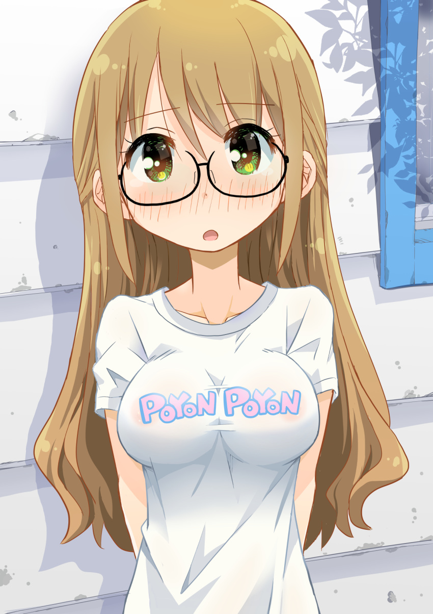 1girl :o areola_slip arms_behind_back bandaid bandaids_on_nipples bangs black-framed_eyewear blush breasts brown_hair commentary_request day glasses green_eyes highres long_hair looking_at_viewer medium_breasts navel no_bra open_mouth original outdoors partial_commentary pasties print_shirt romaji_text see-through semi-rimless_eyewear shadow shirt short_sleeves solo t-shirt takeuchi_motoki under-rim_eyewear upper_body white_shirt