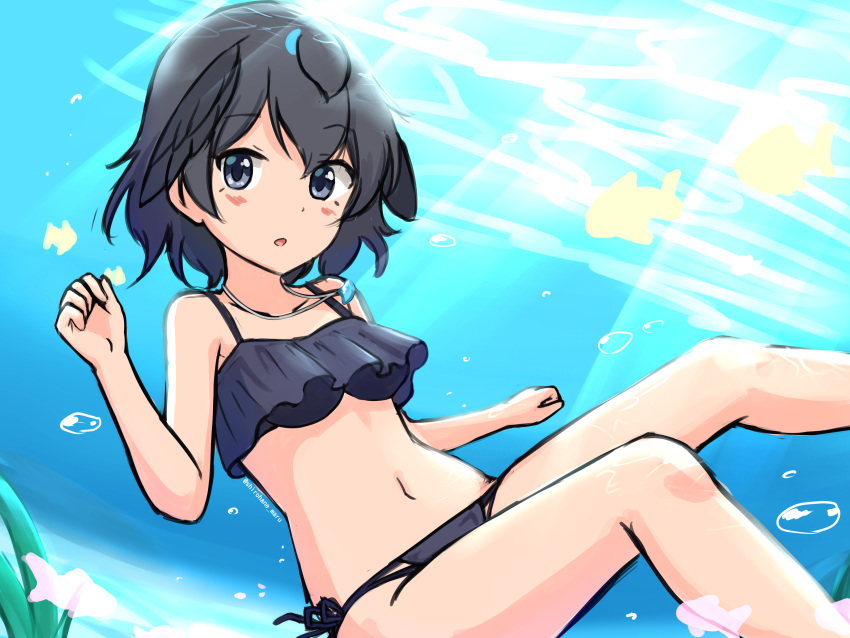 1girl absurdres air_bubble bangs bikini bird_girl bird_tail black_bikini black_eyes black_hair breasts bubble commentary fish frilled_bikini frills head_wings highres jewelry kemono_friends looking_at_viewer navel necklace ocean parted_lips shiraha_maru short_hair side-tie_bikini_bottom small_breasts solo sunlight superb_bird-of-paradise_(kemono_friends) swimsuit tail twitter_username underwater water