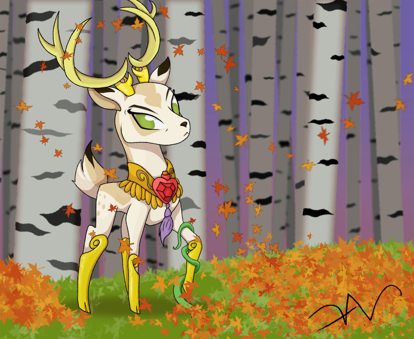 2022 antlers autumn black_nose deer digital_drawing_(artwork) digital_media_(artwork) feral forest forest_background frown full-length_portrait fur green_eyes hasbro hi_res horn idw_publishing king_aspen_(mlp) leaf leaves_on_ground looking_at_viewer male mammal my_little_pony my_little_pony_(idw) nature nature_background plant portrait quadruped ring royalty scut_tail short_tail signature solo swasfews tree vines white_body white_fur yellow_antlers