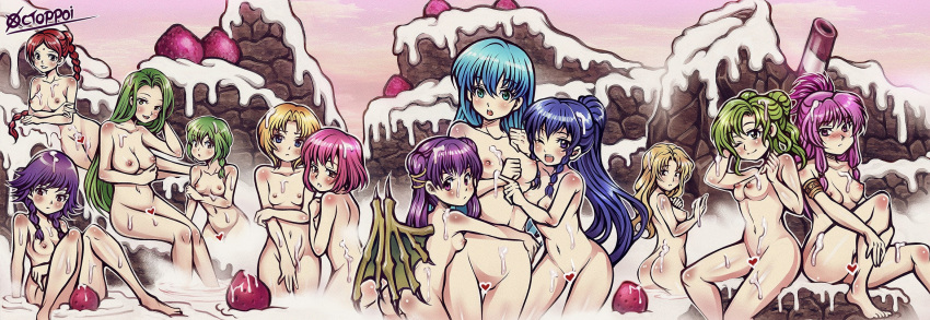 6+girls amelia_(fire_emblem) ass blonde_hair blue_eyes blue_hair braid breasts candy candy_cane censored completely_nude covering covering_crotch dragon_wings eirika_(fire_emblem) embarrassed fire_emblem fire_emblem:_the_sacred_stones food fruit green_eyes green_hair heart heart_censor highres hug l'arachel_(fire_emblem) long_hair lute_(fire_emblem) marisa_(fire_emblem) medium_breasts multiple_girls myrrh_(fire_emblem) natasha_(fire_emblem) neimi_(fire_emblem) nude one_eye_closed pink_eyes pink_hair purple_eyes purple_hair red_hair small_breasts strawberry syrene_(fire_emblem) tana_(fire_emblem) tethys_(fire_emblem) thaumana twin_braids vanessa_(fire_emblem) whipped_cream wings