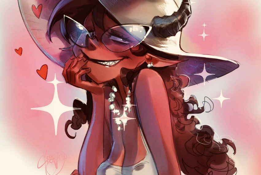 1girl black_eyes breasts brown_headwear cleavage collarbone colored_skin comic_cover cover_image cropped demon_horns earrings english_commentary hat heart highres horns jewelry long_hair long_pointy_ears looking_to_the_side mirka_andolfo official_art paprika_(sweet_paprika) pointy_ears red_hair red_lips red_skin sharp_teeth signature smirk solo sparkle sun_hat sunglasses sweet_paprika_(series) tank_top teeth white_tank_top