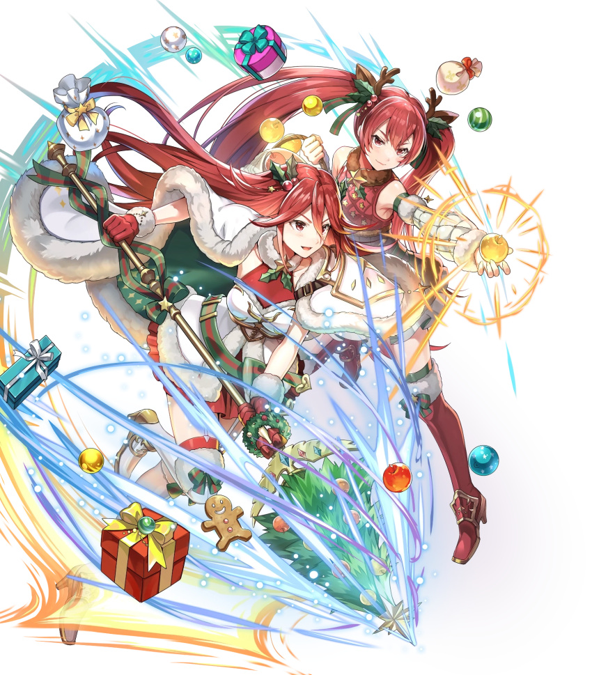 2girls animal_ears apple armor bangs bare_shoulders boots chachie christmas_ornaments cordelia_(fire_emblem) deer_antlers deer_ears fake_animal_ears fake_horns fire_emblem fire_emblem_awakening fire_emblem_fates fire_emblem_heroes food fruit full_body fur_trim gloves gold_trim highres holding holding_food horns leg_up long_hair looking_away multiple_girls non-web_source official_art open_mouth red_eyes red_hair selena_(fire_emblem_fates) shiny shiny_hair skirt sleeveless smile thigh_boots thighhighs transparent_background twintails zettai_ryouiki