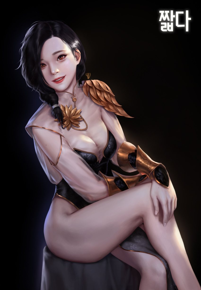 1girl absurdres artist_name bare_legs black_background black_hair black_leotard breasts cleavage crossed_legs highres jagercoke legs leotard long_hair looking_at_viewer mabinogi mabinogi_heroes medium_breasts simple_background sitting smile solo yellow_eyes