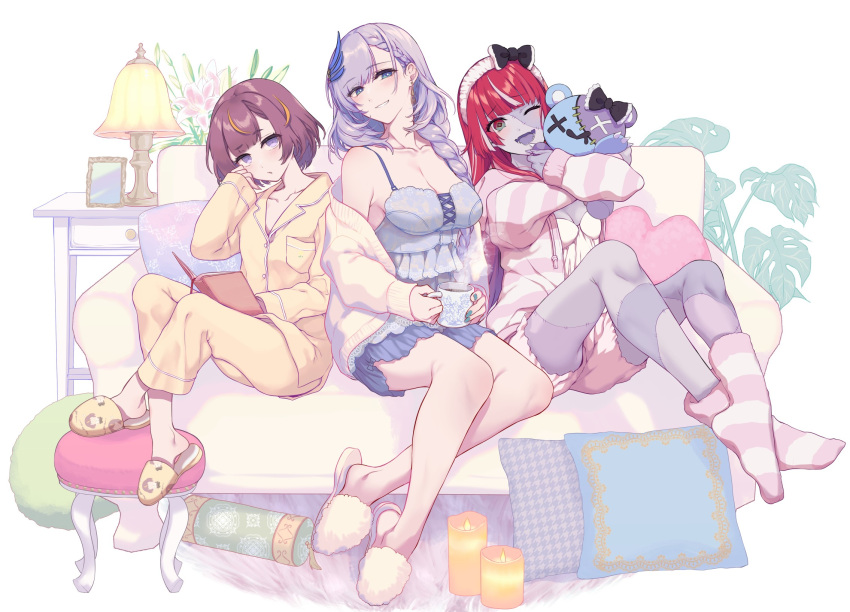 3girls :d anya_melfissa black_bow blue_eyes blue_nails book_on_lap bow braid breasts bright_pupils brown_hair cleavage collarbone commentary_request couch cup feather_hair_ornament feathers grin hair_bow hair_ornament hairband heart heart_pillow highres holding holding_cup hololive hololive_indonesia hood hoodie kureiji_ollie lamp large_breasts long_hair looking_at_viewer mug multicolored_hair multiple_girls nail_polish object_hug off_shoulder on_couch one_eye_closed pajamas pavolia_reine picture_frame pillow pink_hoodie pochi_(pochi-goya) red_hair short_hair single_braid sitting slippers small_breasts smile socks stitched_face stitches streaked_hair striped striped_hoodie striped_socks stuffed_animal stuffed_toy sweater teddy_bear white_hair white_hairband white_pupils white_sweater yellow_footwear yellow_pajamas zombie