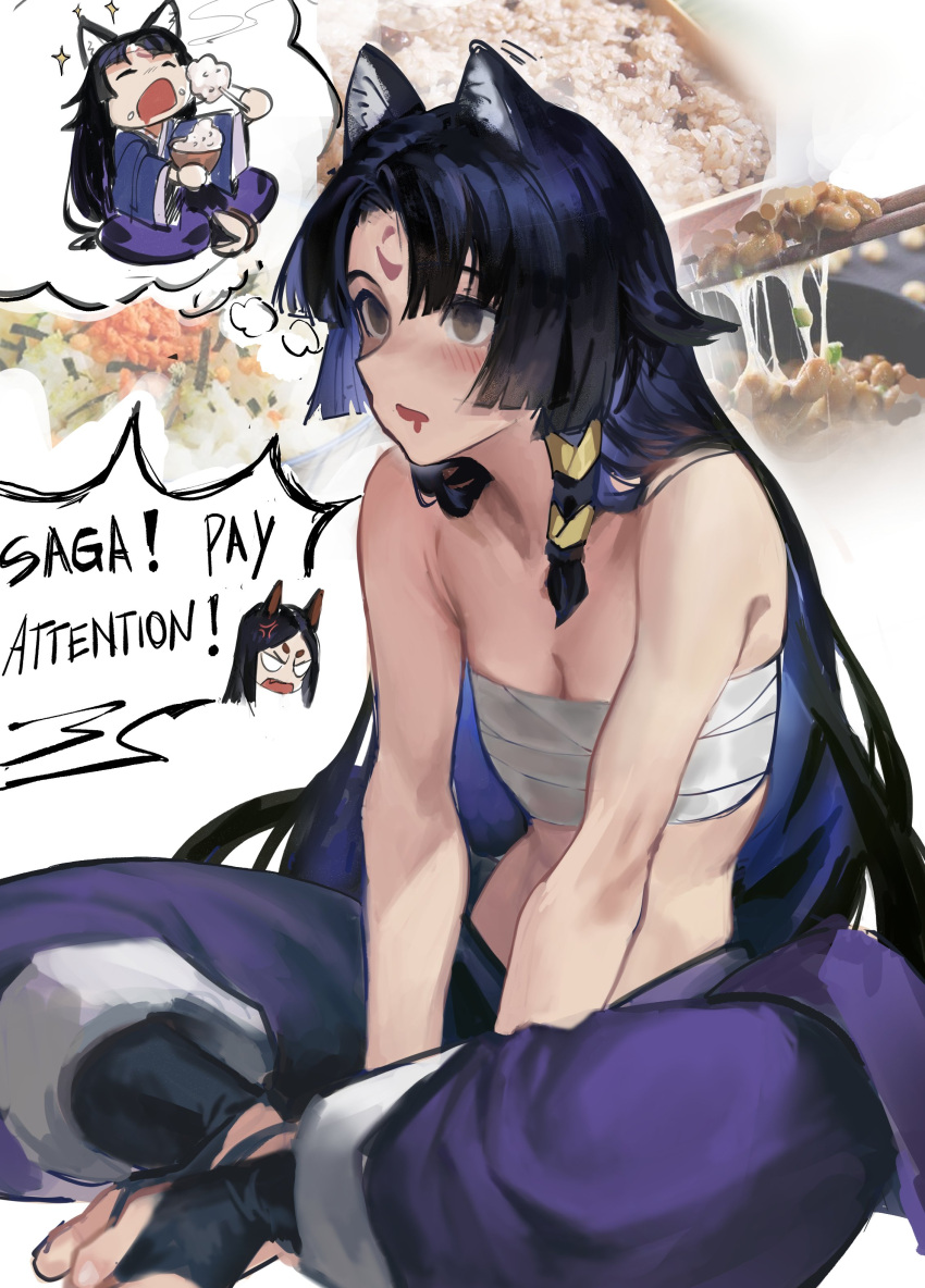 2girls absurdres anger_vein animal_ear_fluff animal_ears arknights bare_shoulders beans black_hair blush breasts brown_eyes chest_sarashi chibi chibi_inset chopsticks commentary dobermann_(arknights) dog_ears drooling enn_matien facial_mark food food_on_face forehead_mark highres holding holding_chopsticks legs_together long_hair midriff mouth_drool multiple_girls nattou pants photo_inset rice saga_(arknights) sarashi sitting small_breasts thought_bubble very_long_hair