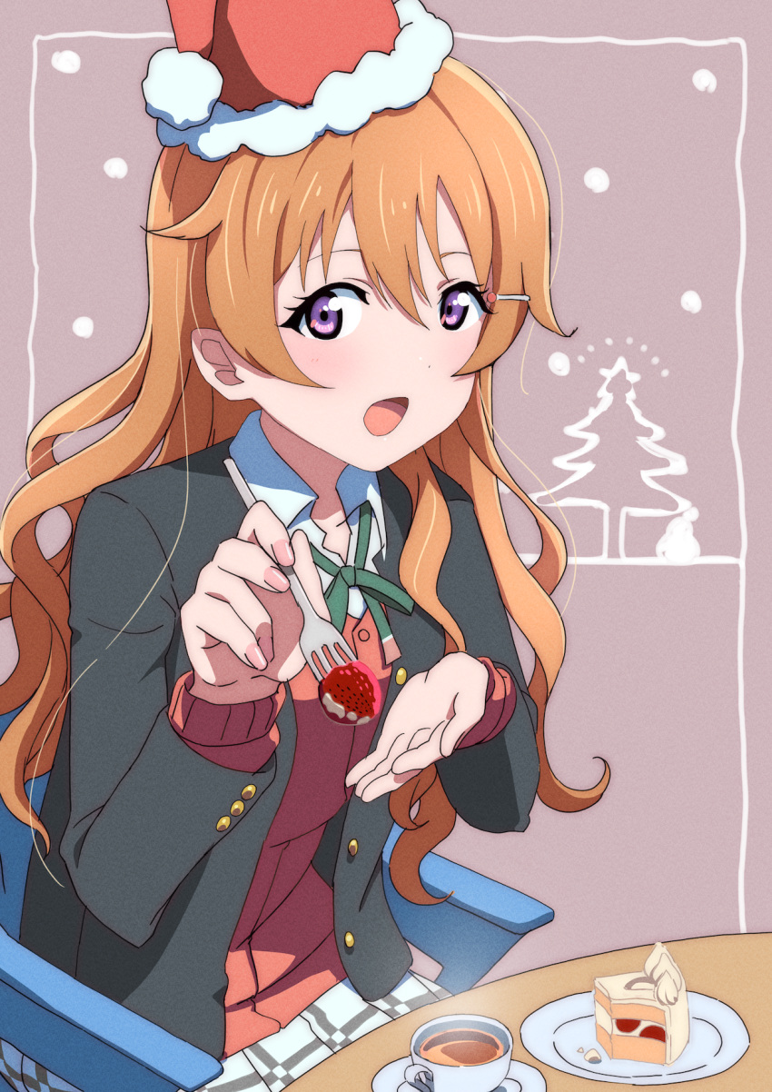 1girl ajapar bangs cake cake_slice chair cup feeding food fork fruit hair_ornament hanpen_(nijigasaki) hat highres holding holding_fork konoe_kanata long_hair looking_at_viewer love_live! love_live!_nijigasaki_high_school_idol_club orange_hair pov purple_eyes santa_hat sitting solo strawberry strawberry_shortcake table tea teacup wavy_hair