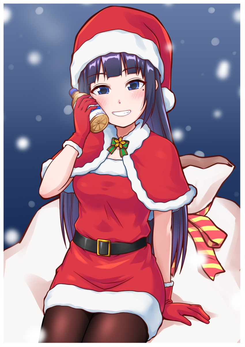 1girl aoi_ch. bangs black_hair black_pantyhose blue_eyes bottle capelet christmas commentary dress fuji_aoi fur-trimmed_capelet fur-trimmed_dress fur-trimmed_gloves fur_trim gloves goriate grin half-closed_eyes hat highres holding holding_bottle long_hair looking_at_viewer mole mole_under_eye night outdoors pantyhose red_capelet red_dress red_gloves red_headwear sack santa_dress santa_gloves santa_hat short_dress sitting smile snowing solo virtual_youtuber