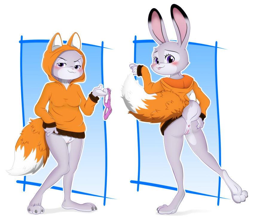 absurd_res anthro anus barely_visible_anus butt clothing disney embarrassed exposed feet female female/female fox_costume fox_sweater genitals hi_res judy_hopps lagomorph leporid looking_back male mammal panties presenting presenting_anus presenting_pussy pussy rabbit scut_tail seductive short_tail solo standing sweater tongue tongue_out topwear underwear undressing unolvidadomas zootopia