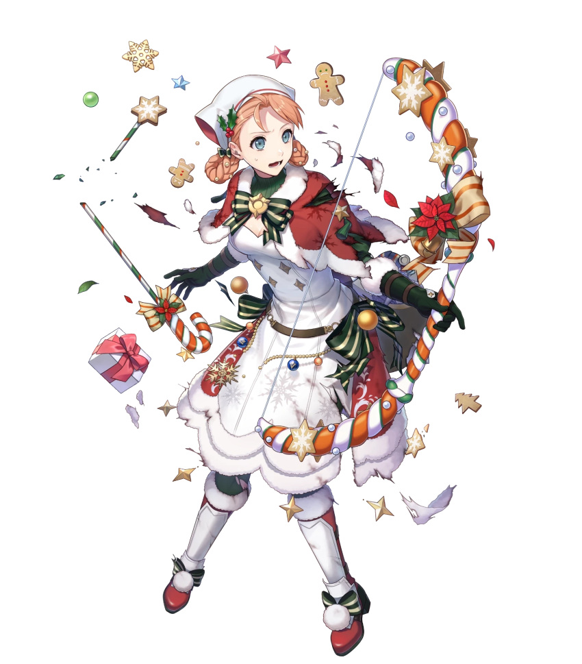 1girl annette_fantine_dominic aqua_eyes arrow_(projectile) bangs boots braid breasts broken_arrow capelet dress elbow_gloves fire_emblem fire_emblem:_three_houses fire_emblem_heroes full_body fur_trim gloves highres kiyu_(zuyu) knee_boots long_sleeves looking_away medium_breasts non-web_source official_art open_mouth orange_hair pom_pom_(clothes) ribbon shiny shiny_hair solo torn_clothes transparent_background twin_braids twintails